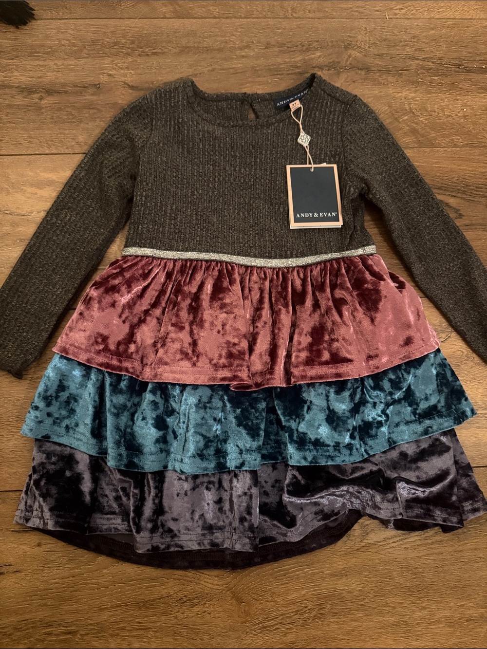 Andy & Evan Gray Knit Top Dress with Pink, Teal & Purple Velvet Tiers